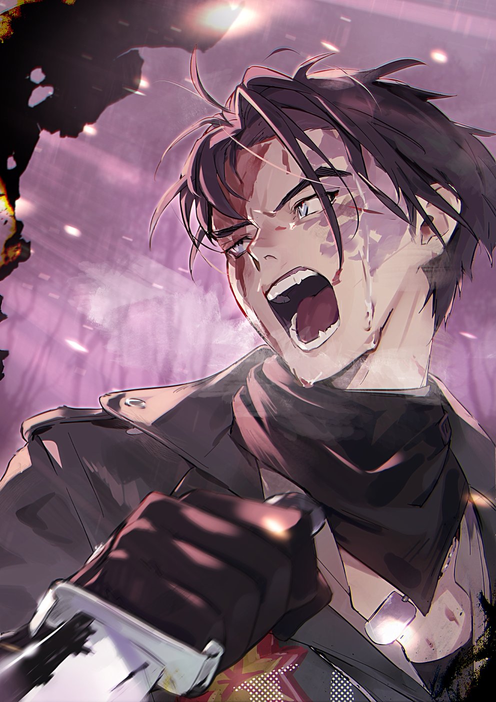 1boy black_gloves black_hair black_jacket black_neckerchief blood blood_on_face blue_eyes burn_scar burnt gloves hand_up highres holding holding_knife j_(reverse:1999) jacket knife looking_to_the_side male_focus neckerchief open_mouth purple_background reverse:1999 scar scar_on_face short_hair solo susii sweat teeth tongue turning_head upper_body