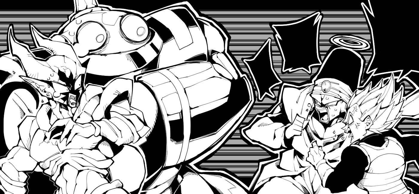 4boys anger_vein angry armor auta_magetta blank_speech_bubble clenched_hands commentary_request dragon_ball dragon_ball_super dragonball_z fangs flying_spittle halo haseko123 hat horns janemba male_focus monochrome multiple_boys muscular muscular_male pikkon pointy_ears robot saiyan_armor speech_bubble spiked_hair super_saiyan sweatdrop teardrop vegeta