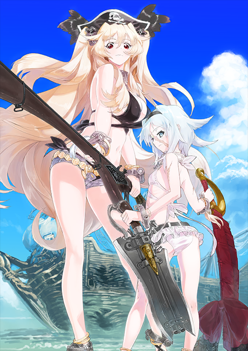 2girls anklet anne_bonny_(fate) anne_bonny_(fate/grand_order) anne_bonny_(swimsuit_archer)_(fate) anne_bonny_(swimsuit_archer)_(first_ascension)_(fate) ass asymmetrical_dual_wielding bare_arms bare_legs bare_shoulders belt bikini bikini_skirt bikini_under_shorts black_belt black_bikini black_hairband black_hat black_sandals blonde_hair blue_eyes blue_shorts blue_sky boat bracelet breasts cleavage closed_mouth cloud collar cutlass denim denim_shorts dual_wielding fate/grand_order fate_(series) feet_out_of_frame gold_belt gun hair_between_eyes hairband hat hat_feather height_difference holding holding_gun holding_sword holding_weapon i-iv_(longman) jewelry large_breasts legs_apart long_hair looking_at_viewer looking_back mary_read_(fate) mary_read_(fate/grand_order) mary_read_(swimsuit_archer)_(fate) mary_read_(swimsuit_archer)_(first_ascension)_(fate) metal_collar micro_shorts multiple_anklets multiple_bracelets multiple_girls multiple_scars navel official_art petite pirate_hat red_eyes rifle sailboat sandals scar scar_on_arm scar_on_face short_hair shorts sidelocks skull_and_crossbones sky small_breasts standing swimsuit sword third-party_source two_side_up variant_set very_long_hair watercraft weapon weapon_request white_bikini white_hair