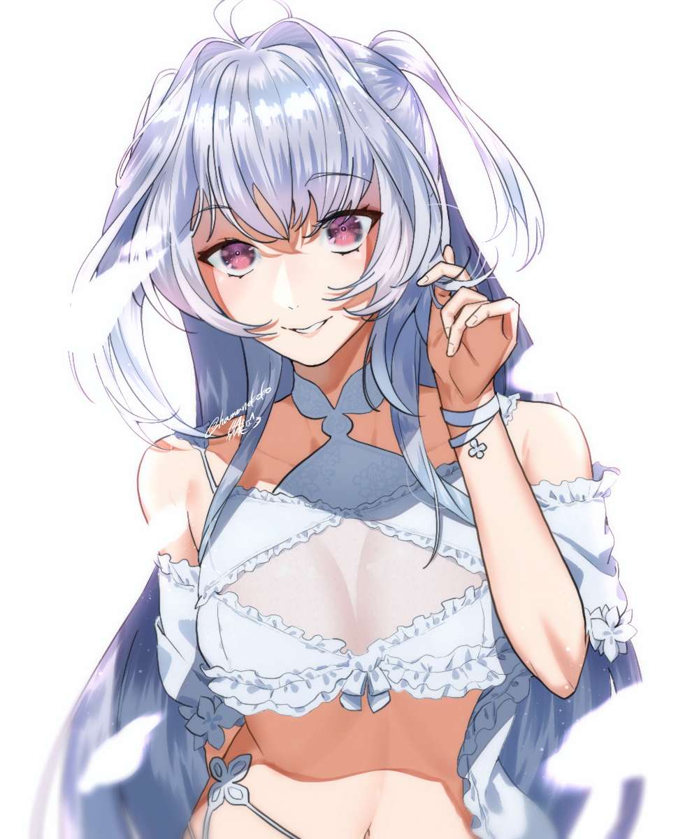 1girl bikini fate/grand_order fate_(series) hamanekoko highres lady_avalon_(fate) lady_avalon_(second_ascension)_(fate) long_hair looking_at_viewer merlin_(fate/prototype) merlin_(swimsuit_pretender)_(second_ascension)_(fate/prototype) pink_eyes solo stomach swimsuit white_background white_bikini white_hair