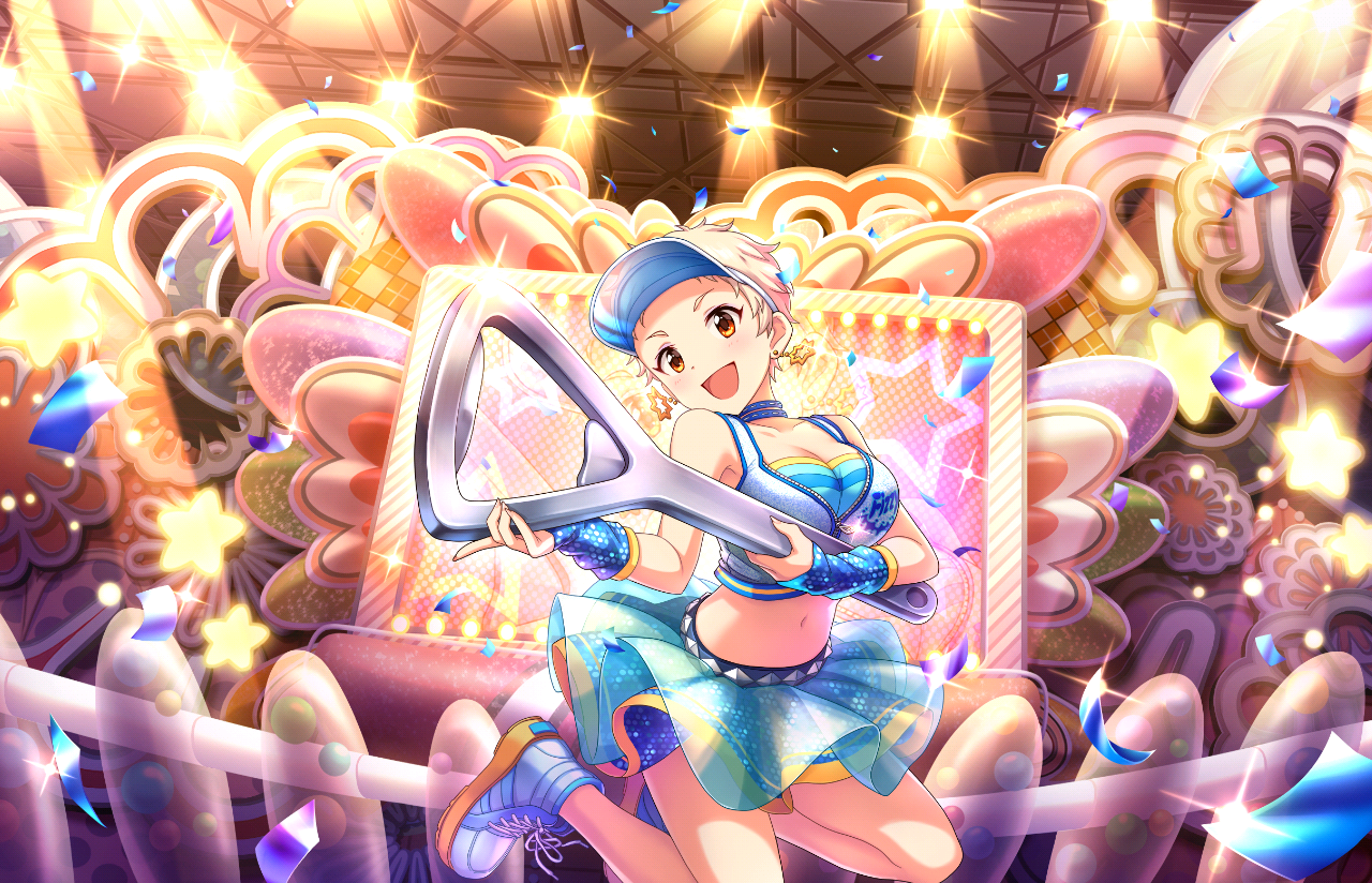 1girl :d artist_request blonde_hair blue_gloves blue_shirt blue_shoes blue_skirt blush bottle_opener confetti earrings elbow_gloves eyelashes gloves holding idolmaster idolmaster_cinderella_girls jacket jewelry midriff navel official_art open_mouth orange_eyes partially_unzipped pixie_cut senzaki_ema shirt shoes short_hair skirt smile solo sparkle stage_lights star_(symbol) third-party_source very_short_hair visor_cap white_jacket