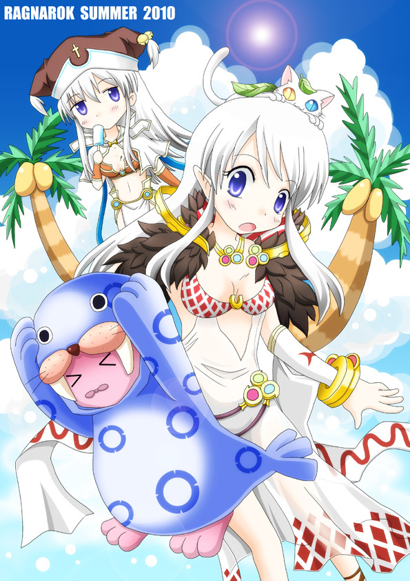 2010 2girls argyle_clothes argyle_dress bangle bikini blue_sky blush bracelet breasts brown_bikini brown_hat capelet cat cloud commentary_request detached_sleeves dress feet_out_of_frame food hat heterochromia holding holding_food holding_popsicle jewelry leaf_cat lens_flare long_hair looking_at_viewer medium_breasts meruya_(catcan) multiple_girls noah_hat_(ragnarok_online) open_mouth outdoors palm_tree pointy_ears popsicle purple_eyes ragnarok_online sage_(ragnarok_online) seal_(ragnarok_online) side_slit sky sleeveless sleeveless_dress sorcerer_(ragnarok_online) sun swimsuit tree white_capelet white_cat white_dress white_hair white_sleeves