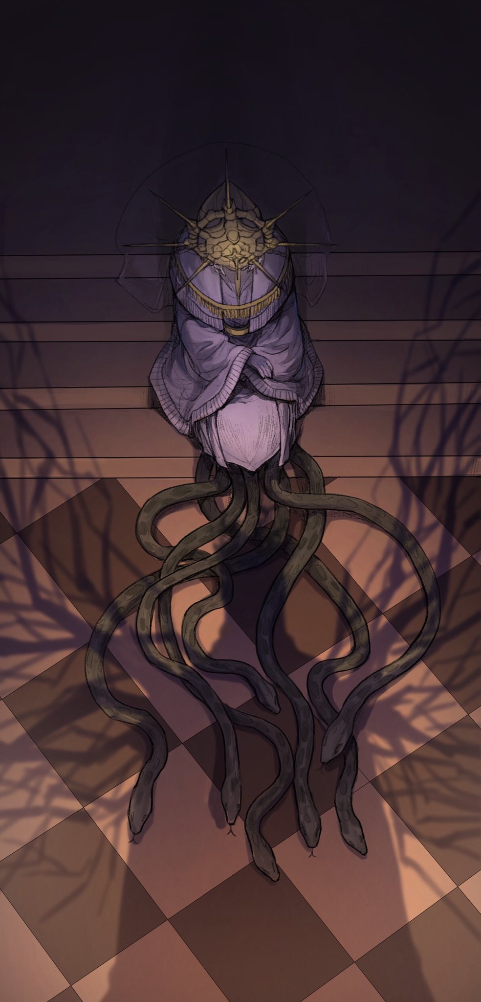 1boy checkered_floor commentary dark_souls_(series) dark_souls_i dark_sun_gwyndolin dress english_commentary from_above gloves gold_headwear hashtag-only_commentary highres male_focus see-through_clothes see-through_veil shadow sitting sitting_on_stairs snake solo stairs tworain_w veil white_dress white_gloves