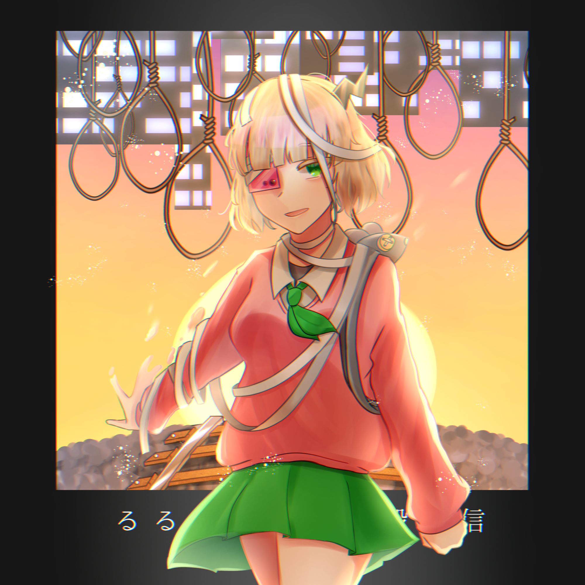 1girl bandaged_head bandages black_horns blonde_hair blunt_bangs breasts cellphone clenched_hand collared_shirt disappear eyepatch green_eyes green_neckerchief green_skirt highres horns light_particles light_smile long_sleeves looking_at_viewer miniskirt neckerchief noose open_collar open_mouth outstretched_arm phone phone_eyepatch pink_sweater pleated_skirt puffy_sleeves railroad_tracks ruru_(shinsei_kamattechan) shinsei_kamattechan shirt short_hair single_horn skirt small_breasts stuffed_animal stuffed_mouse stuffed_toy sunset sweater thighs translation_request user_eduf4534 white_shirt