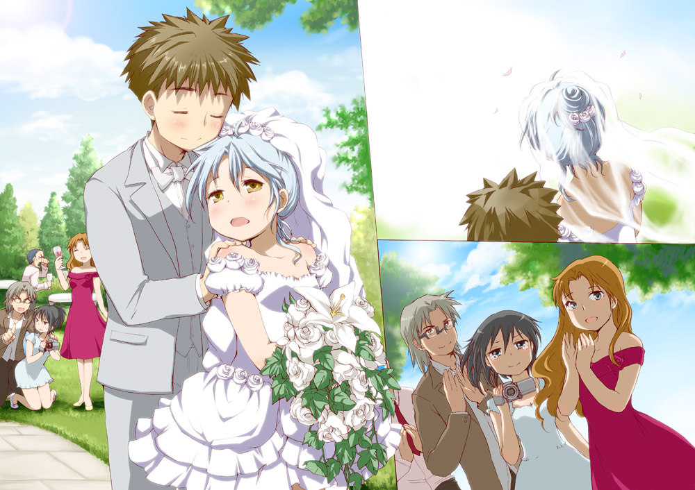 3boys 3girls aihara_minoru black_hair blue_hair brown_hair camera comic_studio dress formal_clothes horikawa_hitomi long_hair multiple_boys multiple_girls nishikawa_akino official_art sakurazuka_chihiro sekai_ichiko short_hair spoilers suit tears ubizo video_camera wedding_dress yasunaga_(comic_studio)