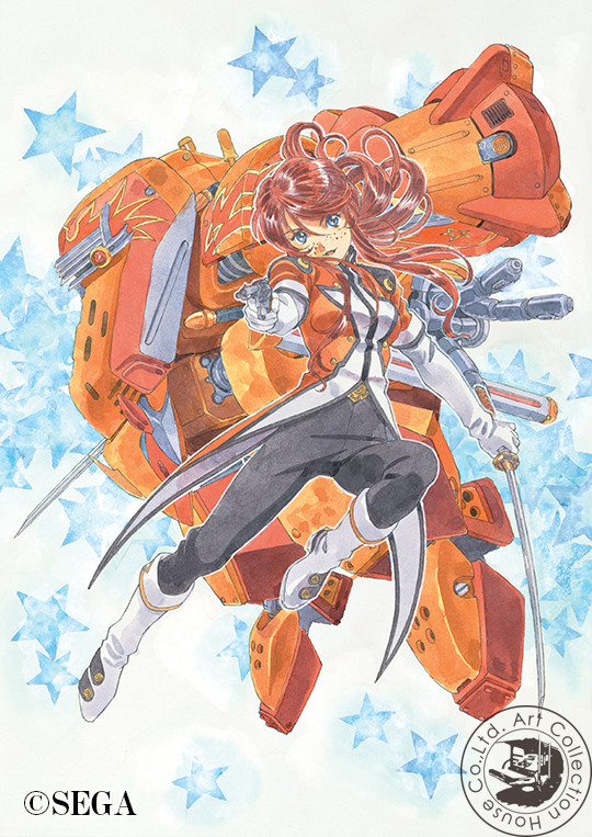 1girl animal_print belt bird_print blue_eyes boots buttons coattails collar copyright_notice double-breasted drawing_gun dual_wielding elbow_gloves english_text fenics flame_print freckles gemini_sunrise gloves gold_buttons gun hair_between_eyes handgun head_tilt holding holding_gun holding_sword holding_weapon hole jet_engine katana koubu leg_up mandarin_collar matsubara_hidenori mecha military_uniform official_art open_mouth orange_mecha orange_sleeves orange_uniform outline red_hair revolver robot sakura_taisen sakura_taisen_v second-party_source sega short_sleeves sidelocks star_(symbol) star_symbol_background sword traditional_media v watermark wavy_hair wavy_sidelocks weapon white_collar white_footwear white_gloves white_outline