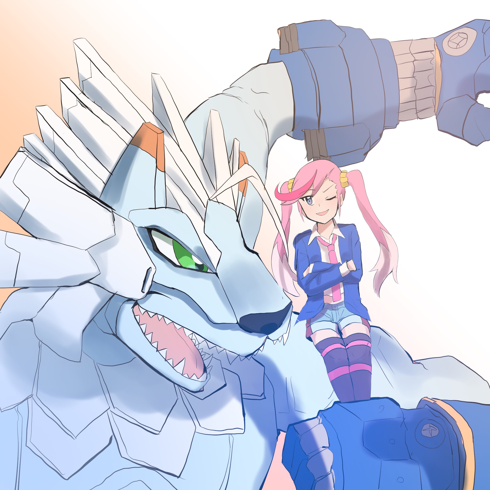 blue_eyes coat digimon highres karan_eri long_hair necktie oujamon pink_hair shorts twintails