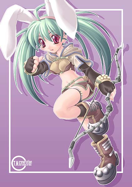 animal_ears boots elbow_gloves gloves hunter hunter_(ragnarok_online) hyper_brand ishihara_masumi memeko midriff rabbit_ears ragnarok_online solo