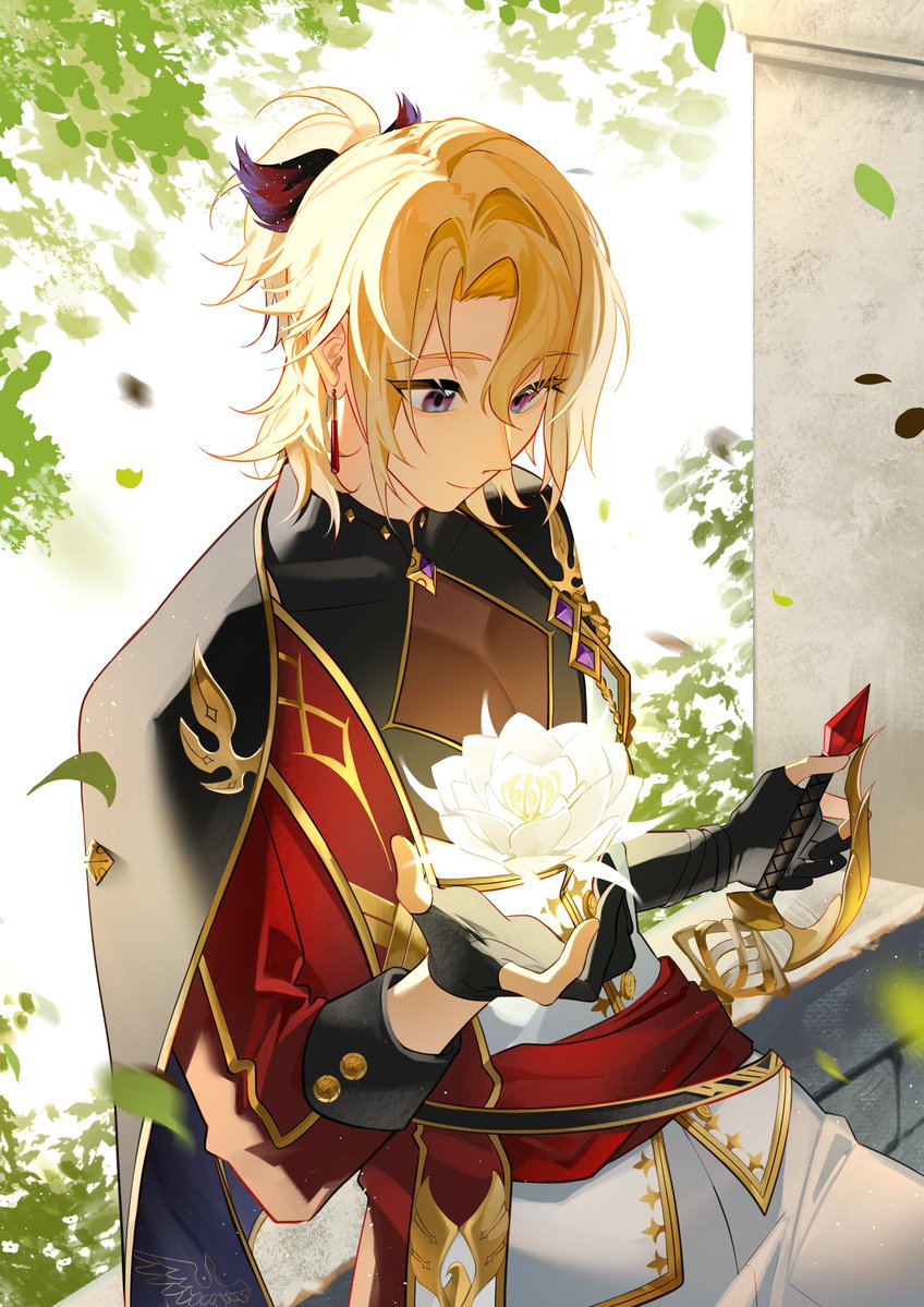 1boy against_railing black_cape black_gloves black_shirt blonde_hair cape closed_mouth coat commentary cypar_(noctilucent) earrings english_commentary flower gloves hair_between_eyes jacket jewelry leaf male_focus medium_hair noctilucent:_before_dawn official_art pants purple_eyes railing red_coat see-through_clothes sheath sheathed shirt smile solo white_flower white_jacket white_pants ylceon