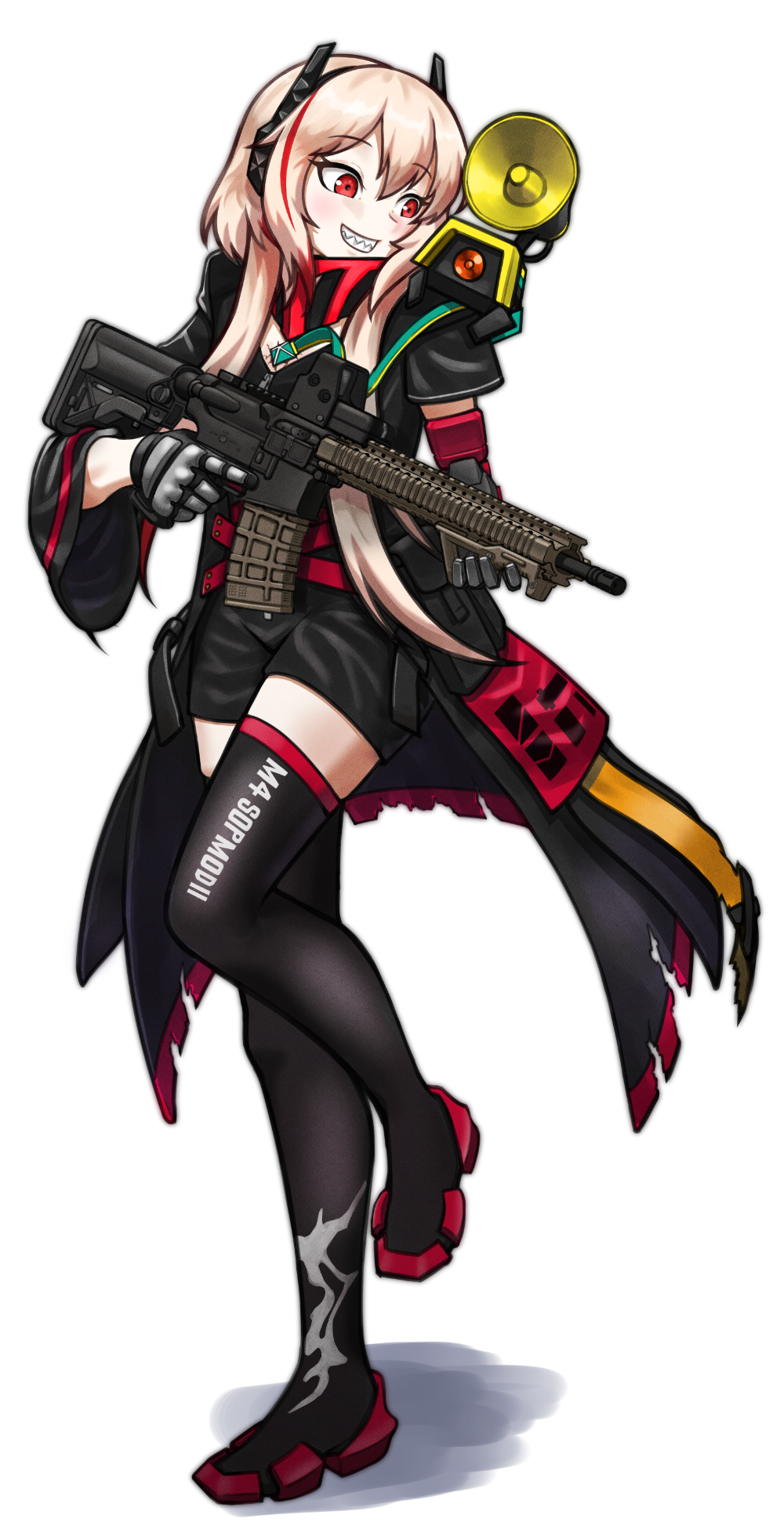 1girl ammunition_pouch android angled_foregrip assault_rifle banana_(girls&#039;_frontline) black_coat black_shirt black_shorts black_thighhighs blonde_hair character_name coat full_body girls&#039;_frontline gloves grin gun hair_between_eyes headband highres holding holding_weapon long_hair long_sleeves looking_at_another m4_carbine m4_sopmod_ii_(girls&#039;_frontline) m4_sopmod_ii_(mod3)_(girls&#039;_frontline) mechanical_arms megaphone missileer mod3_(girls&#039;_frontline) multicolored_hair non-humanoid_robot pouch red_eyes red_footwear red_hair rifle robot sharp_teeth shirt short_sleeves shorts sight simple_background single_glove single_mechanical_arm sitting_on_shoulder smile streaked_hair teeth thighhighs very_long_hair weapon