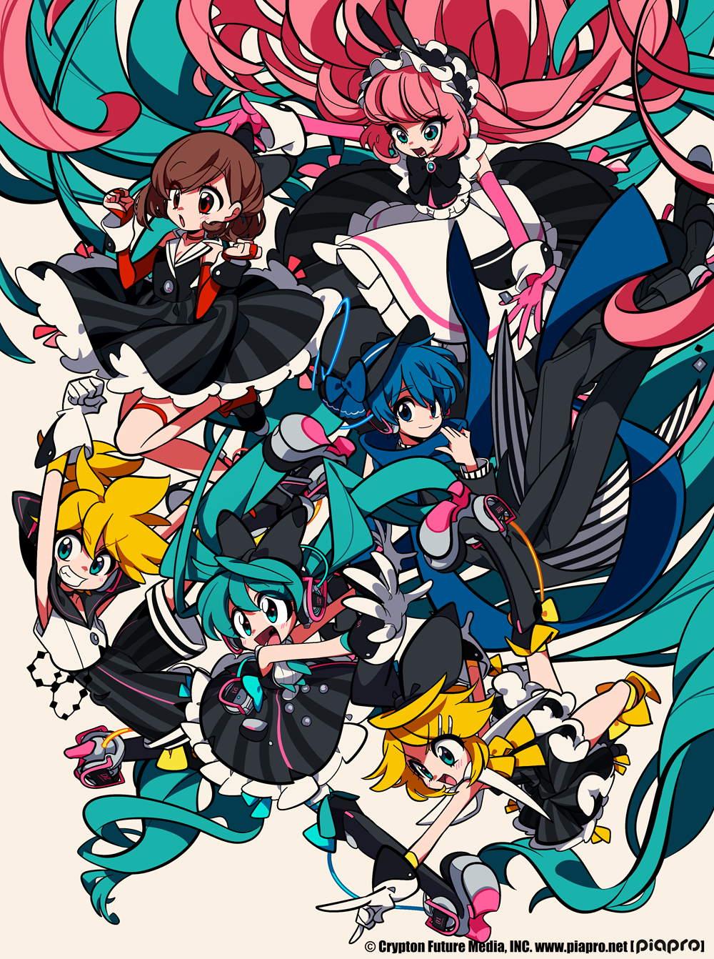 2boys 4girls :d :o absurdly_long_hair animal_ears apron aqua_eyes aqua_hair black_bow black_dress black_footwear black_pants black_sailor_collar black_shorts black_tailcoat blonde_hair blue_bow blue_eyes blue_hair blue_scarf bob_cut boots bow bridal_gauntlets brooch brown_background brown_hair closed_mouth copyright_notice deformed double-parted_bangs dress elbow_gloves fake_animal_ears floating floating_clothes floating_hair floating_scarf full_body gloves grin hair_bow hat hat_bow hatsune_miku headset highres jewelry jumping kagamine_len kagamine_rin kaito_(vocaloid) knee_boots lapels long_dress long_hair looking_down magical_mirai_(vocaloid) magical_mirai_kaito magical_mirai_kaito_(2016) magical_mirai_len magical_mirai_len_(2016) magical_mirai_luka magical_mirai_luka_(2016) magical_mirai_meiko magical_mirai_meiko_(2016) magical_mirai_miku magical_mirai_miku_(2016) magical_mirai_rin magical_mirai_rin_(2016) megurine_luka meiko_(vocaloid) midair mob_cap multiple_boys multiple_girls official_alternate_costume official_art open_mouth pants parted_bangs pink_gloves pink_hair rabbit_ears red_bridal_gauntlets red_eyes sailor_collar sailor_shirt sameyama_jiro scarf shirt short_hair shorts simple_background sleeveless sleeveless_dress sleeveless_shirt smile striped_clothes striped_dress striped_shorts striped_tailcoat tailcoat top_hat twintails v-shaped_eyebrows vertical-striped_clothes vertical-striped_dress vertical-striped_shorts vertical-striped_tailcoat very_long_hair vocaloid white_apron white_gloves white_shirt white_wrist_cuffs wrist_cuffs yellow_bow