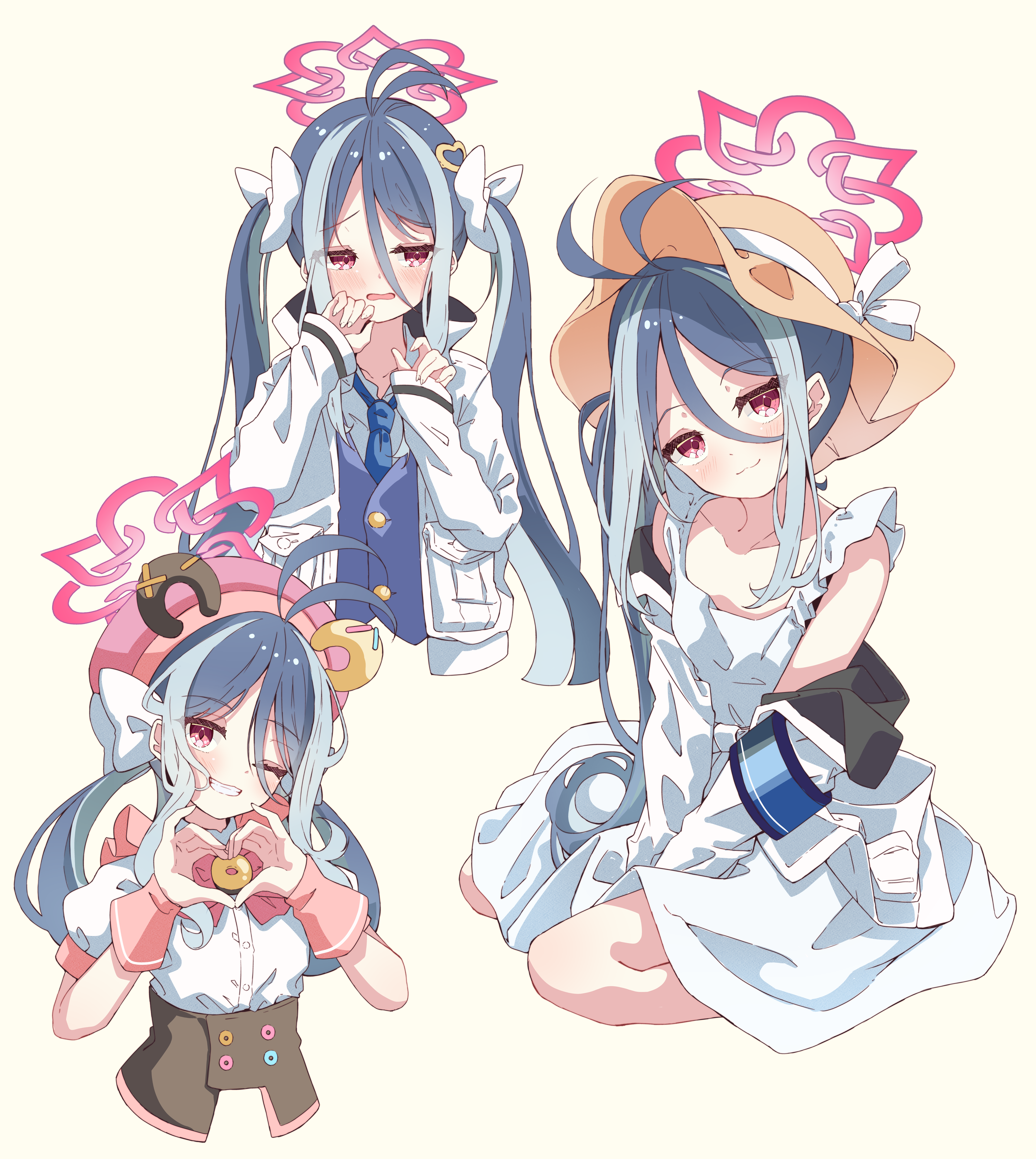 1girl four-finger_heart_hands :3 ;d absurdres alternate_costume alternate_hairstyle antenna_hair bare_shoulders beret blue_archive blue_hair blue_necktie blue_vest blush bow bowtie closed_mouth collarbone collared_shirt commentary donut_print double-parted_bangs dress food_print frilled_dress frills fubuki_(blue_archive) fubuki_(idol)_(blue_archive) full_body grey_hair grin hair_between_eyes hair_bow hair_ornament halo hands_up happy hat head_tilt heart heart_hair_ornament heart_hands highres idol idol_clothes jacket kanikama_acedia long_hair looking_at_viewer looking_to_the_side low_twintails multicolored_hair multiple_views necktie no_headwear official_alternate_costume official_alternate_hairstyle one_eye_closed open_clothes open_jacket open_mouth pink_bow pink_bowtie pink_halo pink_hat pink_wrist_cuffs puffy_short_sleeves puffy_sleeves red_eyes shirt short_sleeves shy side_ponytail sidelocks simple_background sitting sleeveless sleeveless_dress sleeves_past_wrists smile smug streaked_hair sun_hat sundress twintails two-tone_hair upper_body v_arms very_long_hair vest wariza white_background white_bow white_dress white_jacket white_shirt wrist_cuffs yellow_hat