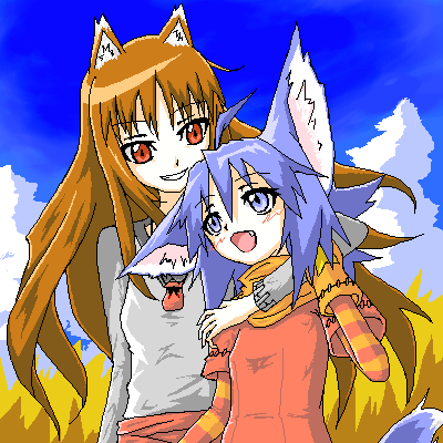 00s 2girls animal_ears cat_ears crossover holo lowres mof multiple_girls oekaki spice_and_wolf summon_night wolf_ears yuel_(summon_night)
