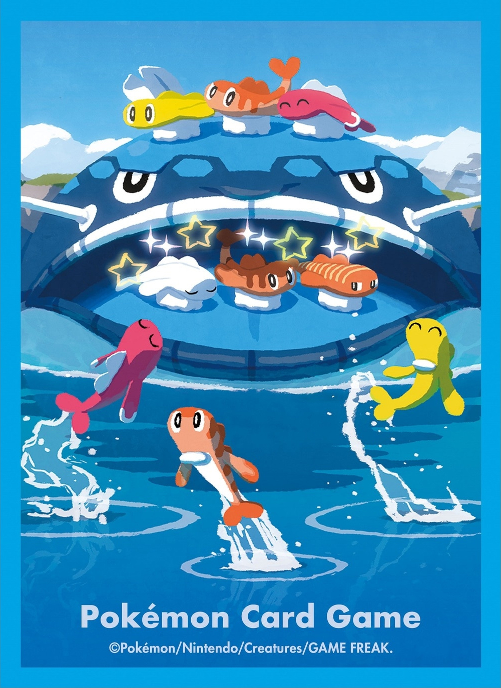alternate_color animal_focus blue_border blue_sky border closed_eyes cloud copyright_name copyright_notice day dondozo fish highres hyogonosuke nintendo no_humans official_art on_head open_mouth outdoors pokemon pokemon_(creature) pokemon_focus pokemon_on_head pokemon_tcg ripples shiny_and_normal shiny_pokemon sky sparkle splashing star_(symbol) swimming tatsugiri tatsugiri_(curly) tatsugiri_(droopy) tatsugiri_(stretchy) third-party_source water