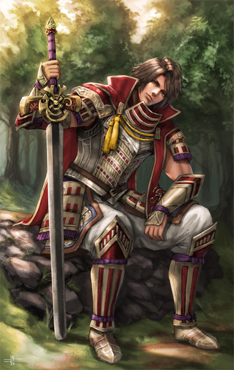 armor brown_hair cape male_focus mitsuya sengoku_musou sitting sword tachibana_muneshige tree weapon