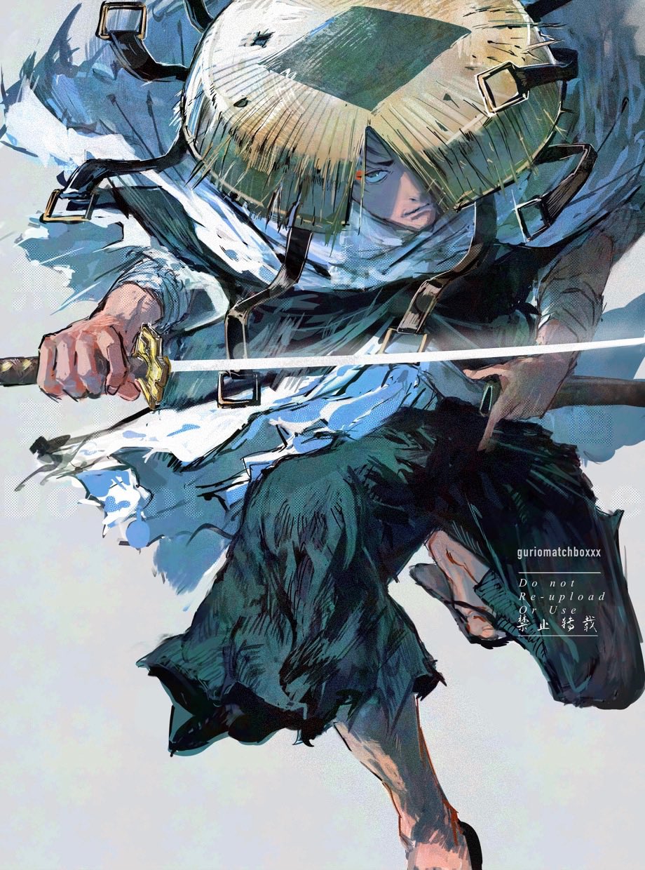 1boy eyeliner guri_otoko hat highres holding holding_sheath holding_sword holding_weapon japanese_clothes kagurabachi katana looking_at_viewer makeup male_focus sheath simple_background solo straw_hat sword unsheathed uruha_youji weapon white_background