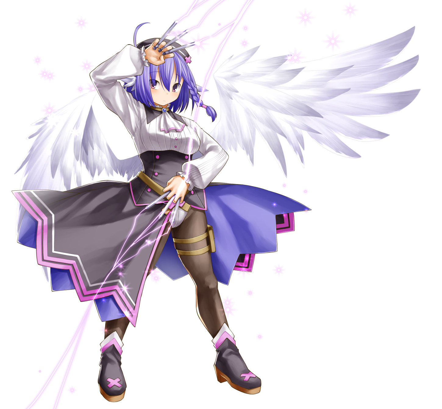 1girl ahoge animal_ears ankle_boots ascot beret between_fingers blue_hair blush boots braid breasts character_request dress_shirt electricity emil_chronicle_online feathered_wings female_focus full_body gem hat highres holding kasuga_yukihito low_wings medium_breasts panties pantyhose pantyshot pouch purple_eyes shirt showgirl_skirt single_braid solo thigh_pouch underbust underwear weapon white_panties white_wings wings