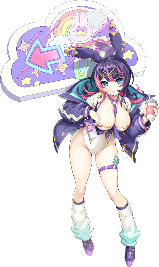 1girl andromeda_(legend_clover) animal_ear_hairband animal_ears artist_request bare_hips bare_legs between_breasts blue_eyes breasts earrings fake_animal_ears four-pointed_star full_body game_cg groin hairband holding jacket jewelry leaning_forward legend_clover long_sleeves multicolored_hair official_alternate_costume official_art open_clothes open_jacket pink_hair purple_hair rabbit_ear_hairband rabbit_ears rainbow socks solo star_(symbol) star_earrings strap_between_breasts thigh_strap third-party_source transparent_background