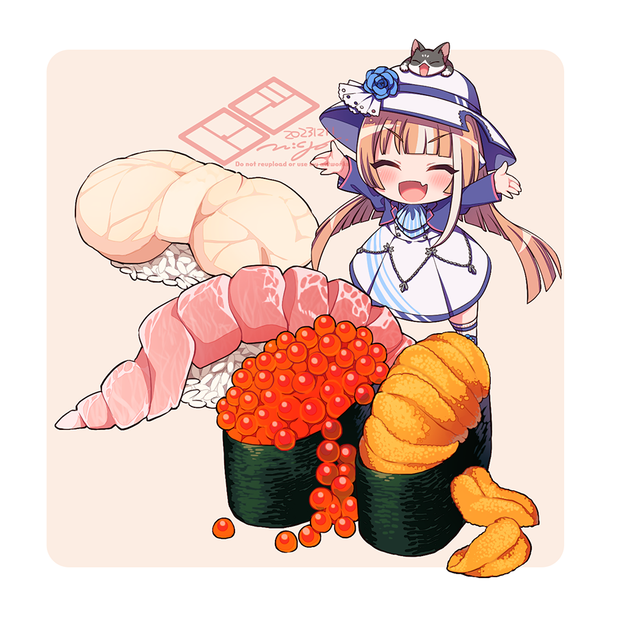 1girl akikawa_yayoi_(umamusume) animal animal_on_head arms_up ascot blue_flower blue_jacket blue_rose border brown_hair cat cat_on_head chibi chibi_only closed_eyes dated dress fang fish_(food) flower food full_body gunkanmaki hat ikura_(food) jacket long_hair long_sleeves n:go on_head open_mouth oversized_food oversized_object pink_background rice roe rose signature skin_fang solo standing sushi tofu umamusume uni_(food) very_long_hair white_border white_dress white_hat