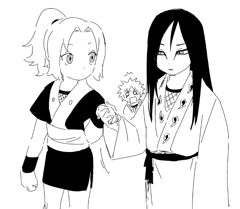 aged_down closed_mouth dot_mouth dot_nose eyeliner hair_tied_up holding_hands japanese_clothes jealous jiraiya_(naruto) kimono kutuyatti long_hair looking_at_another makeup monochrome motion_lines narrowed_eyes naruto_(series) open_mouth orochimaru_(naruto) sketch slit_pupils spiked_hair tsunade_(naruto) wide-eyed
