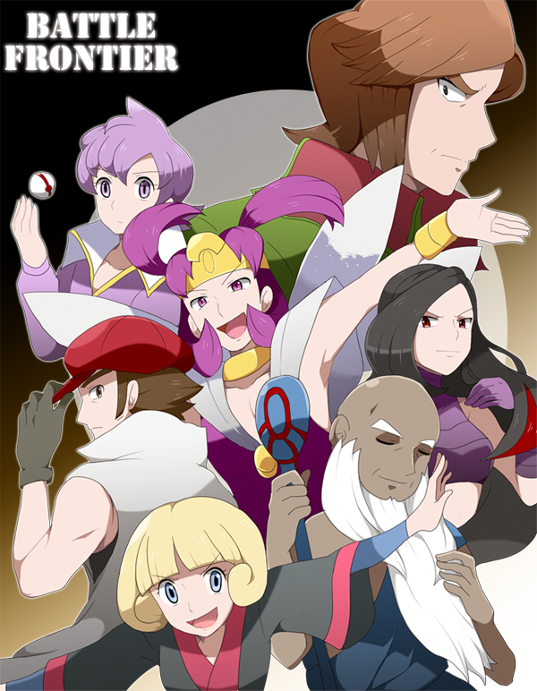 3girls 4boys ;d anabel_(pokemon) bare_arms black_hair blonde_hair blunt_bangs bracelet brandon_(pokemon) breasts brown_hair closed_mouth commentary dark-skinned_male dark_skin eyelashes frontier_brain gloves green_jacket greta_(pokemon) hand_up hat holding jacket jewelry long_sleeves lucy_(pokemon) multicolored_hair multiple_boys multiple_girls nintendo norman_(pokemon) one_eye_closed open_mouth outstretched_arm poke_ball pokemon pokemon_emerald pokemon_rse premier_ball purple_eyes purple_gloves purple_hair red_hair red_headwear short_hair sleeveless smile spenser_(pokemon) tongue tucker_(pokemon) two-tone_hair uni_(unnny)