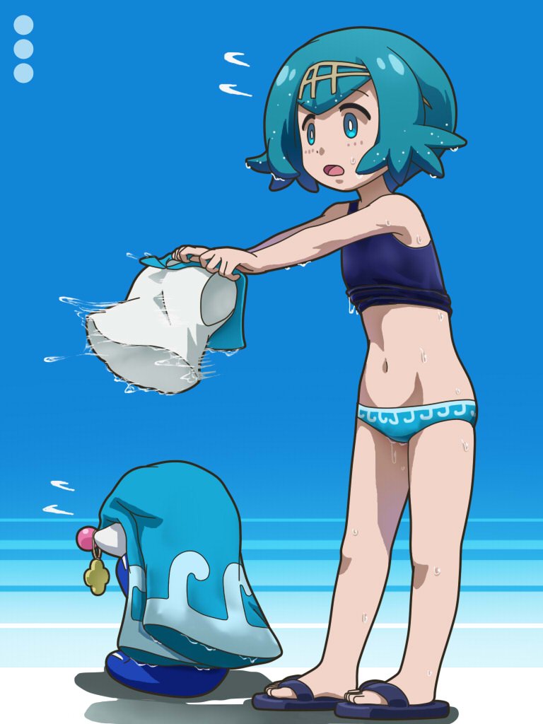 1girl awa blue_eyes blue_hair creatures_(company) drying feet full_body game_freak gen_7_pokemon hairband lana_(pokemon) nintendo open_mouth pokemon pokemon_(creature) pokemon_sm popplio sandals short_hair simple_background sleeveless wet
