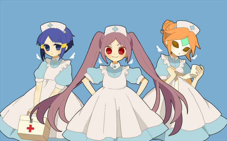 3girls bad_id bad_pixiv_id blue_eyes blue_hair hat inazuma_eleven inazuma_eleven_(series) koutyamiruku kurakake_clara kurione_yuki long_hair mask multiple_girls nurse nurse_cap orange_hair purple_hair short_hair smile touchi_ai twintails very_long_hair