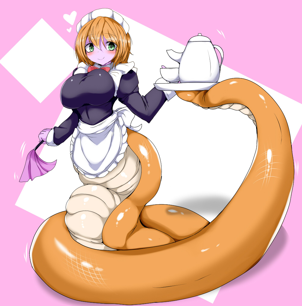 1girl apron bow bowtie breasts closed_mouth colored_skin cup duster female_focus full_body green_eyes hair_between_eyes heart holding holding_duster lamia large_breasts long_sleeves looking_at_viewer maid maid_apron maid_headdress monster_girl orange_hair original pink_background purple_skin red_bow short_hair smile solo taku_(yakumodaisuki) teacup teapot waist_apron white_apron