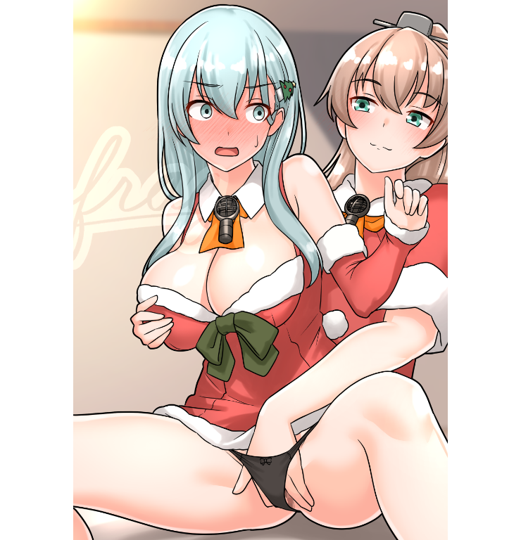 2girls aqua_hair ascot black_panties blush breasts brown_hair christmas_tree_hair_ornament covered_penetration dress female_masturbation fingering fur-trimmed_dress fur_trim furaggu_(frag_0416) grabbing_another&#039;s_breast groping hair_ornament hairclip hand_in_panties hand_under_clothes hand_under_skirt kantai_collection kumano_(christmas)_(kancolle) kumano_(kancolle) masturbation multiple_girls panties red_dress santa_costume spread_legs suzuya_(christmas)_(kancolle) suzuya_(kancolle) underwear yuri
