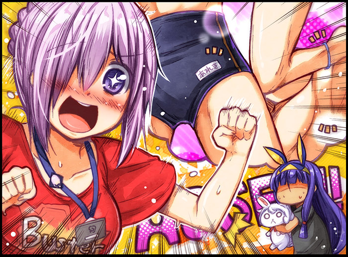 +_+ 1boy 2girls :&lt; :d alexander_(chaldea_beach_volleyball)_(fate) alexander_(fate) arm_up blue_hair blue_male_swimwear blue_swim_briefs blush buster_shirt clenched_hand emphasis_lines fate/grand_order fate_(series) fou_(fate) hair_over_one_eye male_school_swimsuit male_swimwear mash_kyrielight multiple_girls name_tag nitocris_(fate) open_mouth purple_eyes purple_hair shaded_face smile swim_trunks swimsuit takahashi_rie utsurogi_angu