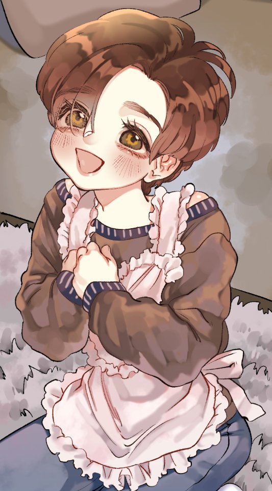 1boy :d apron blush brown_eyes brown_hair brown_shirt gogglesyo grey_pants hair_over_one_eye john_connor long_sleeves looking_at_viewer male_focus open_mouth own_hands_together pants shirt short_hair sitting smile solo terminator_(series) the_terminator