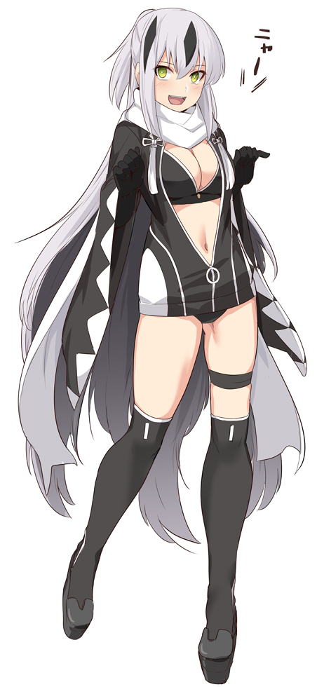 1girl :d black_gloves black_hair black_jacket black_panties black_shoes black_thighhighs blush breasts cleavage commentary_request fate/grand_order fate_(series) female_focus gloves grey_hair hair_between_eyes jacket large_breasts long_legs looking_at_viewer multicolored_hair nagao_kagetora_(fate) navel okita_j._souji_(fate) okita_j._souji_(second_ascension)_(fate) open_mouth panties ponytail scarf shiseki_hirame shoes simple_background smile solo thighhighs two-tone_hair underwear white_background white_scarf wide_sleeves yellow_eyes