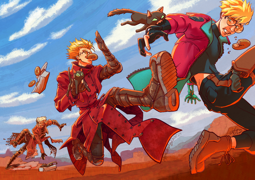 blonde_hair boots cat coat desert donut food gun handgun high_collar kuroneko_(trigun) long_coat mercuriobebop multiple_boys orange-tinted_eyewear pastry_box prosthesis prosthetic_arm red_coat revolver round_eyewear running spiked_hair tinted_eyewear trigun trigun_maximum trigun_stampede undercut vash_the_stampede weapon
