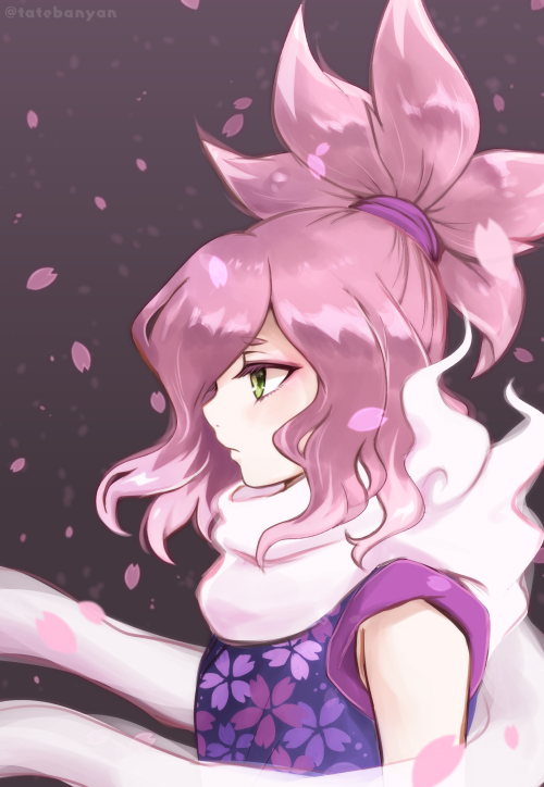 1boy bishounen cherry_blossom_print cherry_blossoms colored_eyelashes colored_tips eyeliner falling_petals floating_scarf floral_print from_side frown green_eyes long_hair makeup male_focus multicolored_hair orochi_(youkai_watch) petals pink_eyeliner pink_hair pink_petals pink_scarf ponytail profile sakuraorochi scarf short_eyebrows short_ponytail tabana youkai_(youkai_watch) youkai_watch