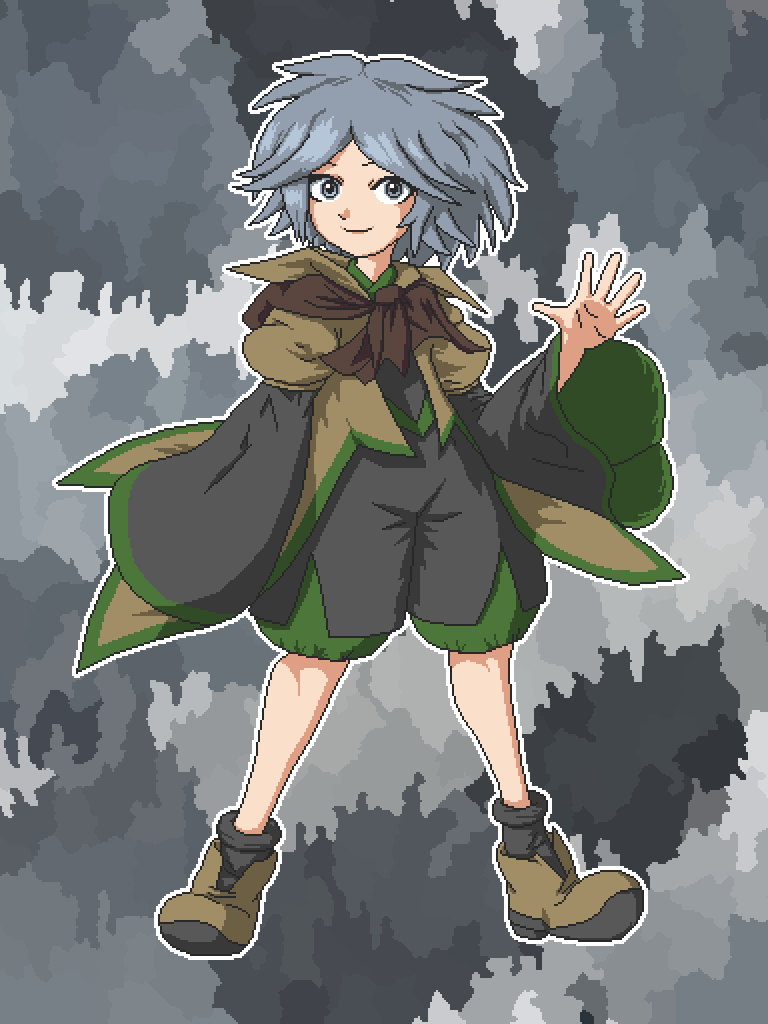 1other aksawshin androgynous black_shorts black_socks brown_coat brown_footwear brown_neckerchief closed_mouth coat green_trim grey_background grey_eyes grey_hair houlen_yabusame layered_sleeves len&#039;en long_sleeves looking_at_viewer neckerchief other_focus pixel_art puffy_short_sleeves puffy_sleeves short_over_long_sleeves short_sleeves shorts sleeves_past_fingers sleeves_past_wrists smile socks standing waving