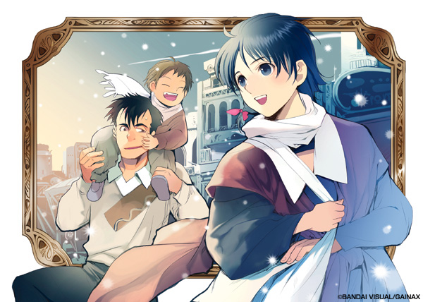 1boy 2girls black_hair blue_eyes blue_hair brown_hair gainax gainaxtop honneamise_no_tsubasa mana_nonderaiko multiple_girls piggyback riquinni_nonderaiko scarf shirotsugh_lhadatt short_hair sweater