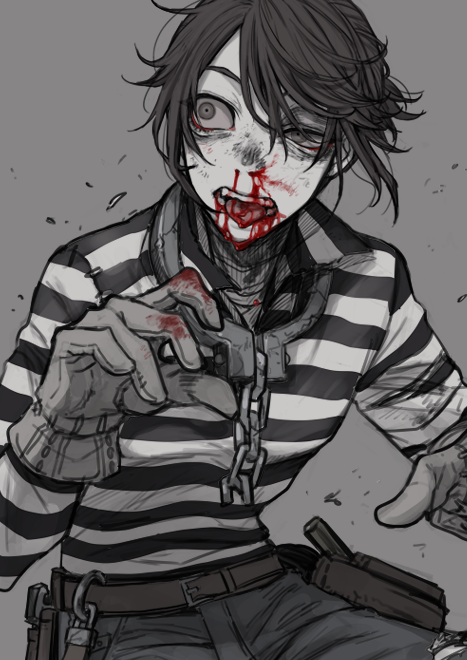 1boy belt blood blood_from_mouth blood_on_face chain collar gloves hair_between_eyes identity_v looking_to_the_side luca_balsa male_focus metal_collar nosebleed satou_saori shirt striped_clothes striped_shirt tongue tongue_out