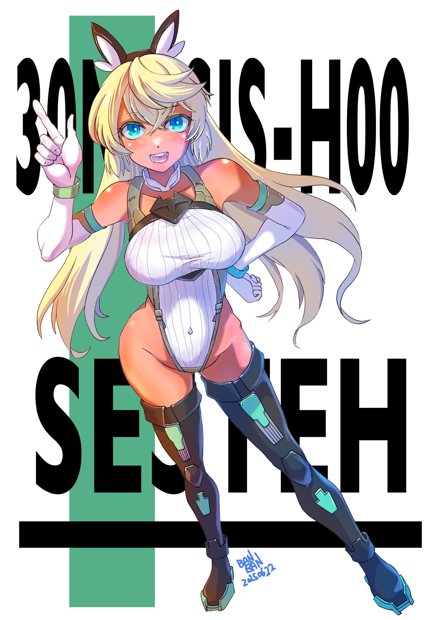 1girl 30_minutes_sisters animal_ears artist_name blonde_hair blue_eyes boots breasts covered_navel dark-skinned_female dark_skin dated elbow_gloves fake_animal_ears full_body gloves hand_on_own_hip highleg highleg_leotard highres ikaika0326 large_breasts leotard long_hair looking_at_viewer open_mouth rabbit_ears sestier_(30ms) smile solo teeth thighhighs white_gloves white_leotard