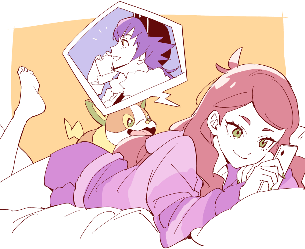 1boy 1girl alternate_hairstyle baseball_cap champion_uniform dark-skinned_male dark_skin facial_hair game_freak gen_8_pokemon green_eyes hat leon_(pokemon) long_hair nintendo on_bed orange_hair phone pokemon pokemon:_twilight_wings pokemon_swsh purple_shirt shirt shorts simple_background smile sonia_(pokemon) speech_bubble talking_on_phone thought_bubble yamper yuden_33