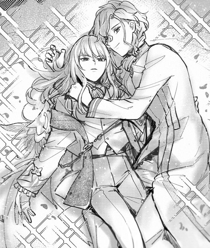 2boys aged_down aki_(neyuki41028) ascot blurry braid braided_ponytail chaldea_logo chaldea_uniform closed_mouth depth_of_field fate/grand_order fate_(series) frilled_sleeves frills gloves greyscale hair_between_eyes hair_over_shoulder hand_in_another&#039;s_hair hand_on_another&#039;s_back hand_on_another&#039;s_shoulder jacket kirschtaria_wodime lab_coat long_hair long_sleeves looking_at_viewer lying male_focus marisbury_animusphere monochrome multiple_boys off_shoulder on_back on_side open_clothes open_jacket pants parted_bangs parted_lips petals shirt smile sparkle vest