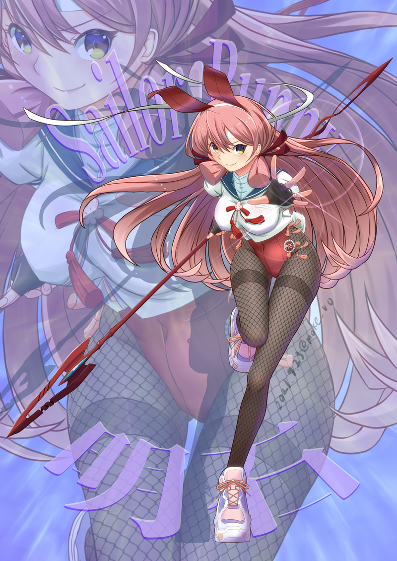 1girl adapted_costume akashi_(kancolle) animal_ears black_pantyhose blunt_tresses breasts closed_mouth commentary_request covered_navel dated fake_animal_ears fake_tail fishnet_pantyhose fishnets floating_hair full_body green_eyes hair_between_eyes hair_ribbon headband holding holding_polearm holding_spear holding_weapon kantai_collection large_breasts leotard long_hair looking_at_viewer moke_ro pantyhose pink_hair playboy_bunny polearm purple_background rabbit_ears rabbit_tail red_leotard red_ribbon ribbon school_uniform serafuku shoes short_sleeves sidelocks smile sneakers spear spear_of_cassius standing standing_on_one_leg tail thigh_gap thighband_pantyhose tress_ribbon twitter_username weapon white_headband white_serafuku zoom_layer