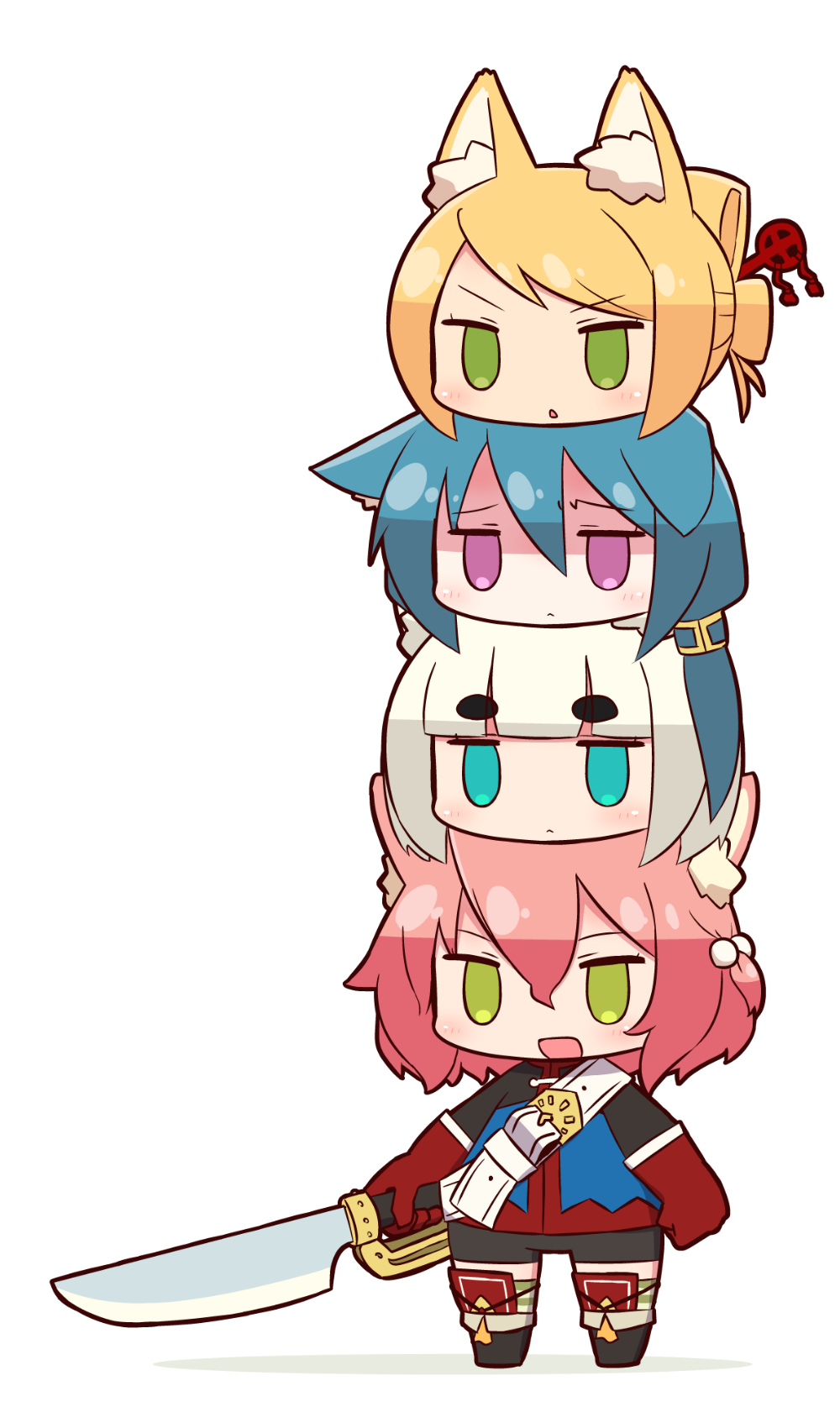 4girls 7th_dragon 7th_dragon_(series) :d animal_ear_fluff animal_ears belt belt_buckle bike_shorts black_footwear black_shorts blonde_hair blue_eyes blue_hair blue_jacket blush boots buckle cat_ears closed_mouth commentary_request fighter_(7th_dragon) folded_ponytail fox_ears gloves green_eyes hair_between_eyes hair_bobbles hair_ornament harukara_(7th_dragon) highres holding holding_sword holding_weapon human_tower ikurakun_(7th_dragon) jacket knee_boots long_hair long_sleeves mage_(7th_dragon) momomeno_(7th_dragon) multiple_girls naga_u namuna_(7th_dragon) one_side_up open_mouth pink_hair princess_(7th_dragon) purple_eyes red_gloves samurai_(7th_dragon) shaded_face shadow short_eyebrows short_shorts shorts smile stacking standing striped_clothes striped_legwear striped_thighhighs sword thick_eyebrows thighhighs thighhighs_under_boots weapon white_background white_belt white_hair
