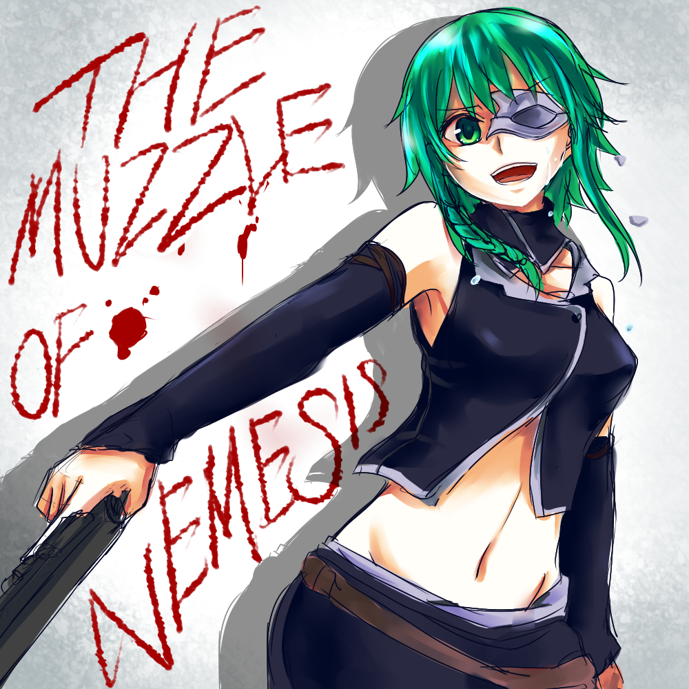 1girl bad_id bad_pixiv_id braid broken_mask crop_top crossdraw_holster crying crying_with_eyes_open detached_collar detached_sleeves domino_mask evillious_nendaiki female_focus from_side green_eyes green_hair gumi gun handgun holster laughing mask matching_hair/eyes midriff navel nemesis_no_juukou_(vocaloid) nemesis_sudou revolver seasnow short_hair_with_long_locks side_braid single_braid solo song_name tears vocaloid weapon