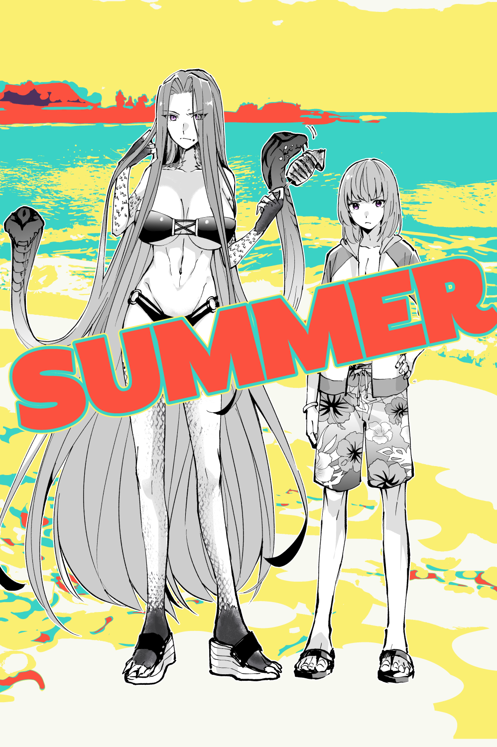 1girl 1other arm_at_side beach bikini bracelet breasts closed_mouth eating english_text enkidu_(fate) fate/grand_order fate_(series) floral_print food full_body gorgon_(fate) hand_on_own_hip highres holding holding_food ikayaki jacket jewelry kingu_(fate) large_breasts long_hair looking_at_viewer medium_hair medusa_(fate) navel nuso o-ring o-ring_bottom open_clothes open_jacket outdoors outline parted_bangs partially_colored print_shorts purple_eyes rider sandals scales shorts snake_hair standing summer swimsuit very_long_hair water white_outline
