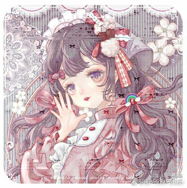 1girl apron bcy_username border bow bra brown_hair buttons candy candy_hair_ornament cherry_blossoms cherry_hair_ornament collared_shirt colored_eyelashes commission flower food food-themed_hair_ornament frilled_apron frilled_sleeves frills gradient_eyes grey_background grey_veil hair_bow hair_ornament hair_ribbon hand_on_own_face high_collar lace layered_sleeves light_blush lipstick long_hair long_sleeves looking_at_viewer low_twintails maid_headdress makeup miao_xiaomao_bu_huahua multicolored_eyes original palms parted_lips pink_shirt pom_pom_(clothes) pom_pom_hair_ornament purple_eyes rainbow_hair_ornament red_bow red_lips red_ribbon ribbon ribbon-trimmed_bow ribbon_trim sample_watermark shirt short_over_long_sleeves short_sleeves smile solo source_request striped_bra striped_clothes teeth third-party_source too_many_watermarks twintails underwear upper_body upper_teeth_only veil vertical-striped_bra vertical-striped_clothes watermark weibo_watermark white_apron white_border white_flower