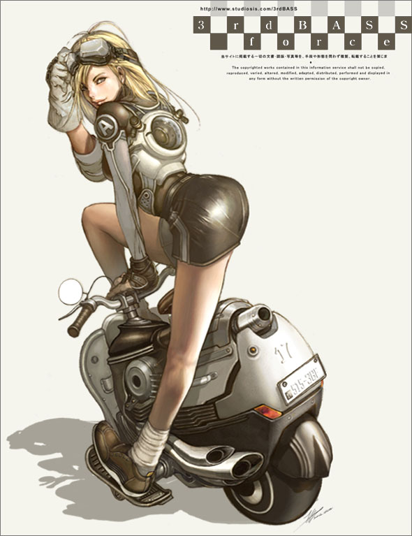 1girl ass bent_over black_skirt blonde_hair female_focus full_body gloves goggles goggles_on_head jacket juno_jeong leaning_forward license_plate long_hair looking_at_viewer looking_back miniskirt monkey_bike motor_vehicle non-web_source noped pencil_skirt shiny_clothes simple_background skirt socks solo vehicle white_socks