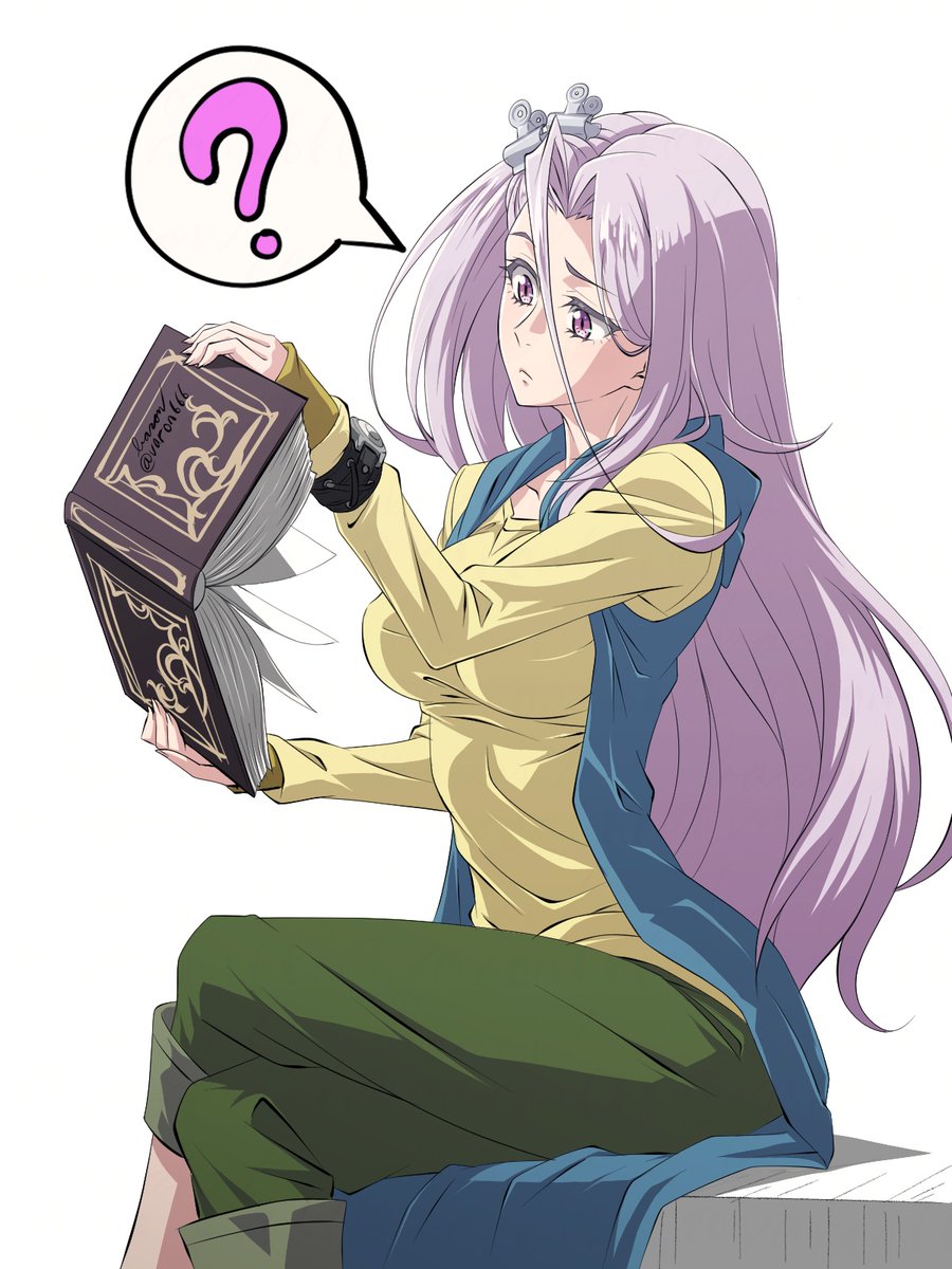 1girl baron_(varon666) book breasts closed_mouth collarbone cosplay crossed_legs fuuto_tantei green_pants hair_ornament hairclip highres holding holding_book kamen_rider kamen_rider_w large_breasts long_hair long_sleeves open_book pants philip_(kamen_rider) philip_(kamen_rider)_(cosplay) purple_eyes purple_hair reading shirt simple_background sitting solo tokime_(fuuto_tantei) white_background yellow_shirt