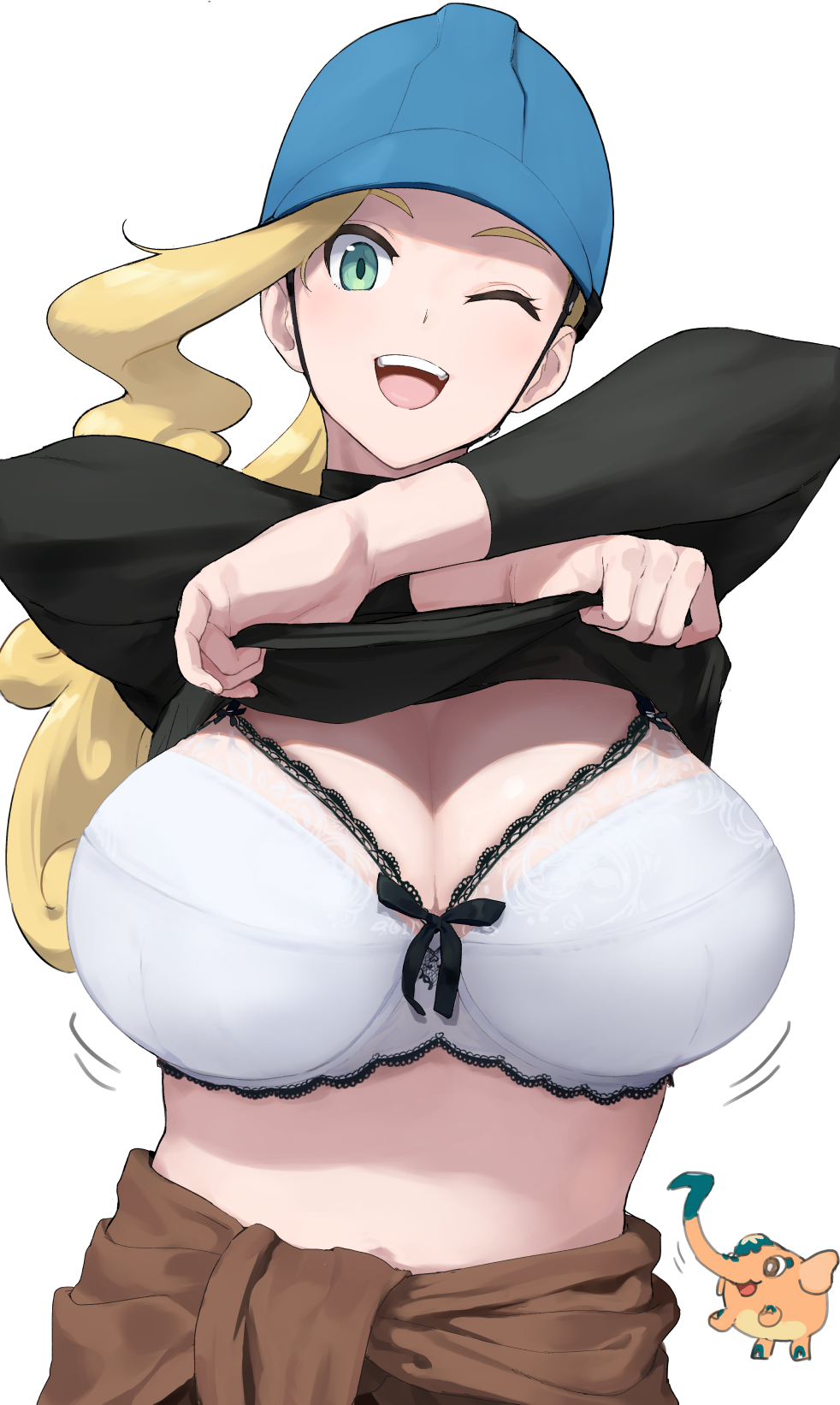 1girl accio bad_id bad_pixiv_id black_sweater blonde_hair blue_headwear blush bra breasts cleavage clothes_lift commentary_request cufant elephant gen_8_pokemon green_eyes hard_hat helmet highres huge_breasts lifting_own_clothes long_hair long_sleeves nintendo one_eye_closed open_mouth pokemon pokemon_(creature) pokemon_swsh shirt_lift simple_background sweater turtleneck underwear upper_body white_background worker_(pokemon)