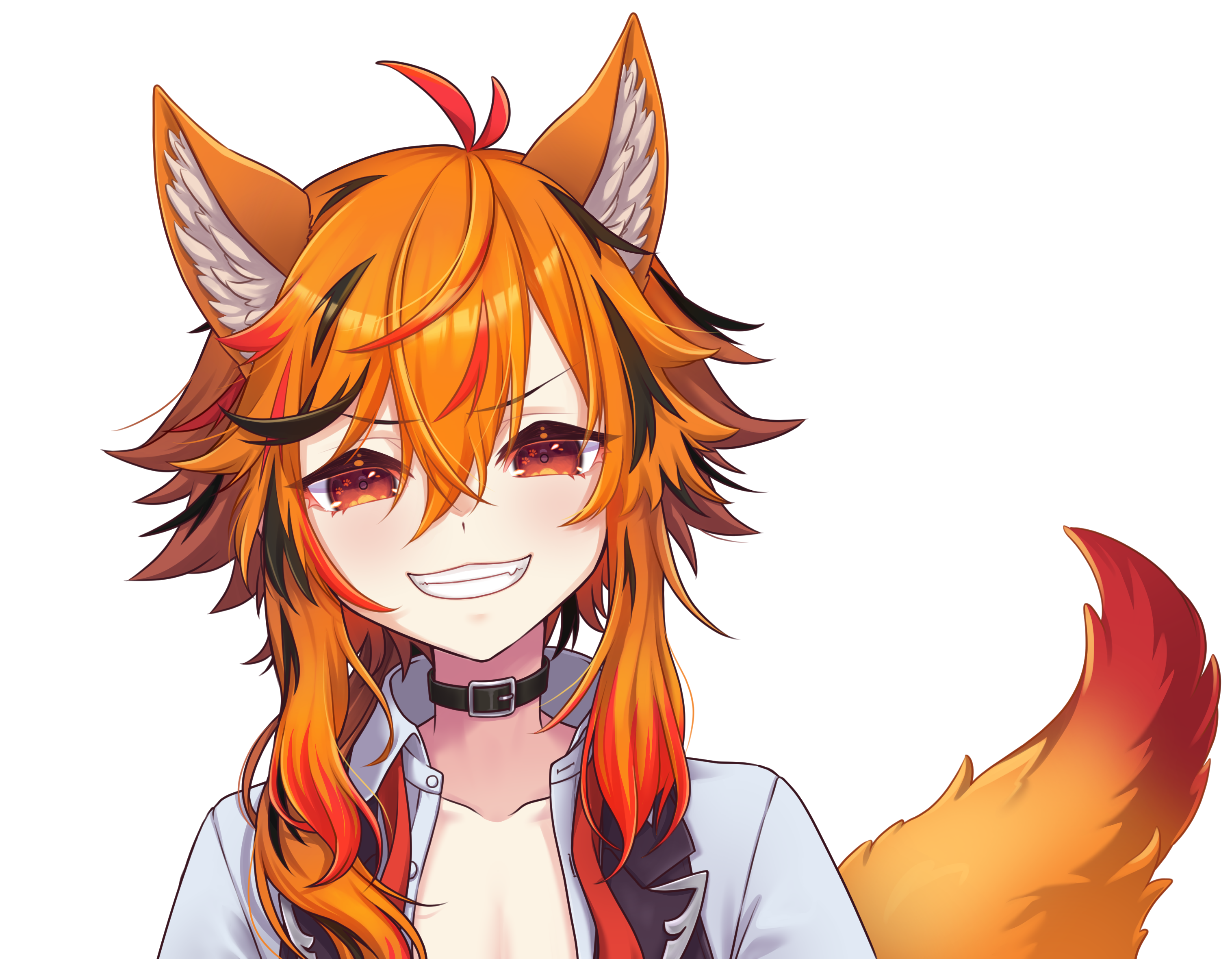1girl animal_ears belt belt_collar black_belt black_hair black_vest collar collarbone fox_ears fox_girl fox_tail grin hair_between_eyes highres kazami_kuku kemonomimi_mode large_variant_set long_bangs long_hair looking_at_viewer multicolored_hair nanashi_inc. open_clothes open_shirt open_vest orange_eyes orange_hair red_hair reona_kfc02 shirt simple_background smile solo tail transparent_background upper_body v-shaped_eyebrows variant_set vest virtual_youtuber white_shirt