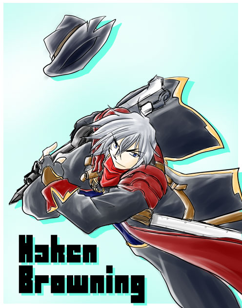 1boy banpresto belt blue_eyes cowboy cowboy_hat fingerless_gloves gloves gun harken_browning hat koshika male_focus solo super_robot_wars super_robot_wars_og_saga_mugen_no_frontier weapon cowboy_western